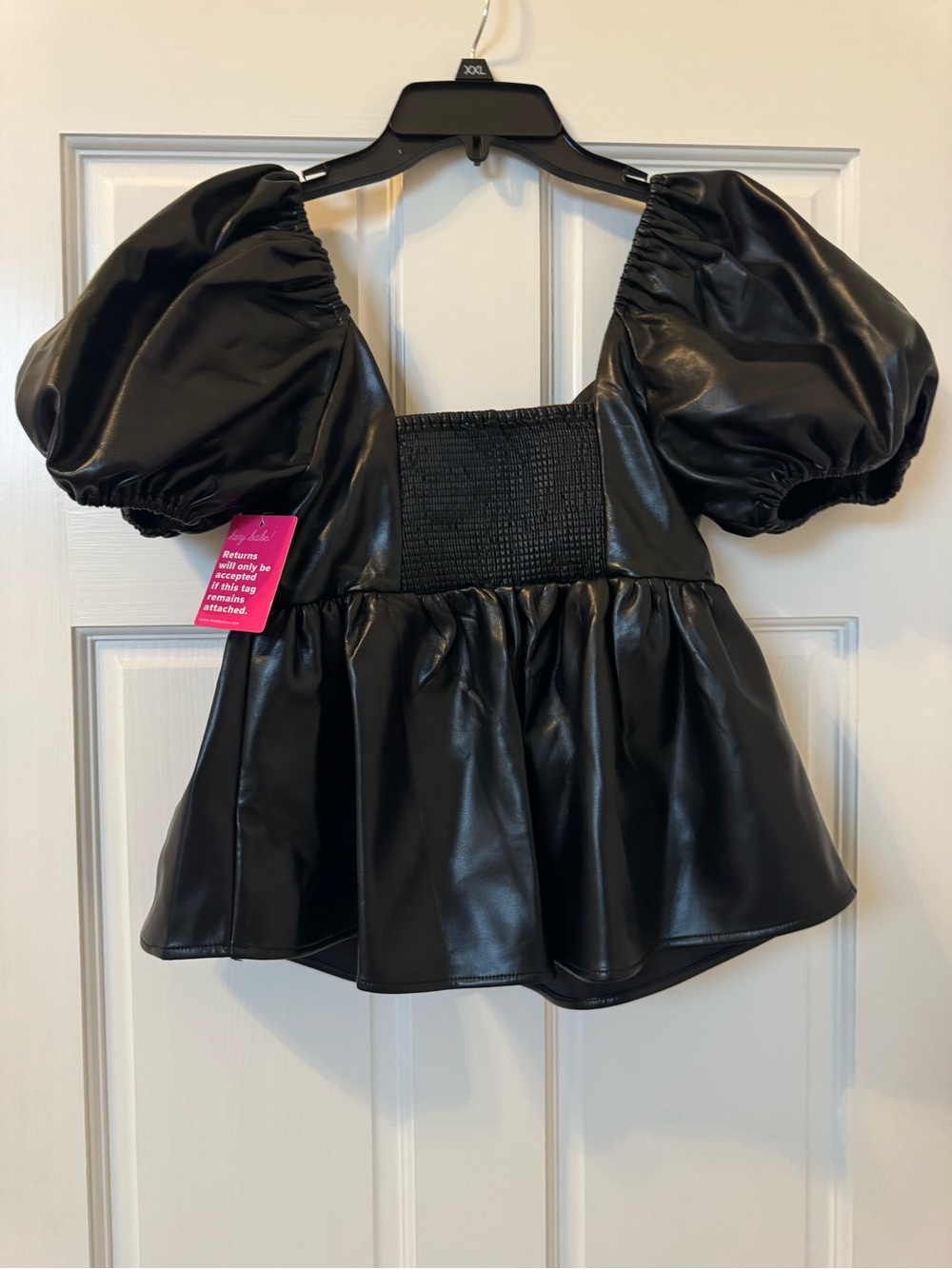 Buddy Love Black Faux Leather Peplum Top with Puff Sleeves - Picture 5 of 8
